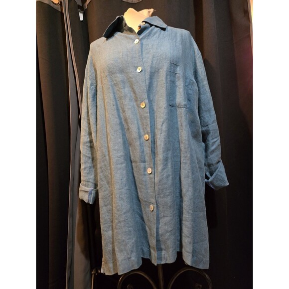 Bryn Walker Blue Linen Classic Collar Shirt, Oversized XL or XXL - Picture 2 of 8